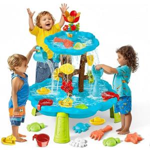 Linkowin Kids Flower Water Sand Table for Toddlers, 2 Tier Kids Outdoor Water Sand Play Table Toys, Splash Sensory Table for Summer Beach Activity Party for Boys Girls (Age 3+)