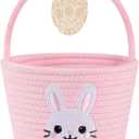 OIAHOMY Gift Basket with Handle, Personalized Baby Basket for Kids, Woven Rope Gift Empty for Toys, Baby Treasure Hunt Baskets with Wooden Card for Boys and Girls - Pink & White (7.9"D x 5.9"W x 5.9"H)