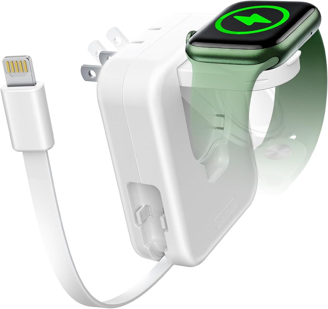 For Apple Watch Charger Block, 2 in 1 Wall Charger with Built-in Retractable Charging Cable, Travel Foldable Plug Power Adapter Compatible with iPhone iWatch (White)