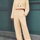 Fisoew Women's 2 Piece Outfits Casual Crop Blazer Jackets Loose Wide Leg Pants Fall Dressy Business Work Suit Sets (Beige)