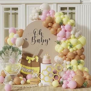 Pastel Pink Yellow Balloons Garland Arch Kit Macaron Pink Yellow and White Sand Latex Balloons for Bear Baby Shower Balloons Girls Birthday Party Decoration