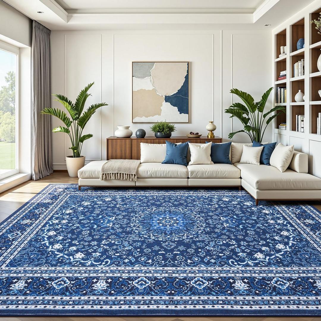 9x12 Area Rugs for Living Room, Washable Non-Slip Rug, Oriental Dark Blue