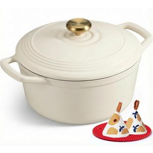Overmont Enameled Cast Iron Dutch Oven - 5.5QT Pot with Lid Cookbook & Cotton Potholders - Heavy-Duty Cookware for Braising, Stews, Roasting, Sourdough Baking White