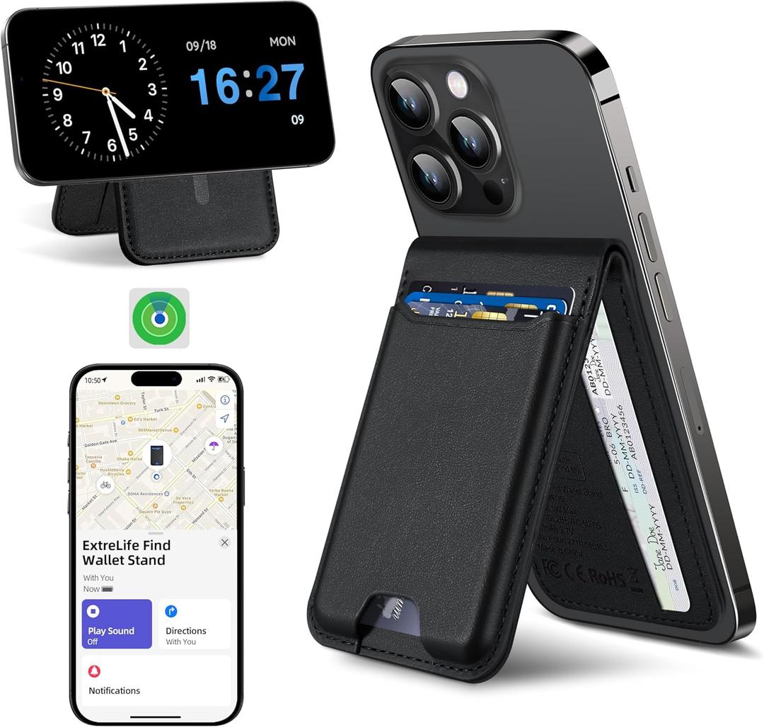 ExtreLife for Magsafe Wallet, Works with Apple Find My, Strongest Magnetic Wallet for iPhone 17/16/15/14/13/12 Series, Magnetic Card Holder with Adjustable Stand, 6 Cards Holder, Midnight Black