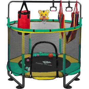 Trampoline for Kids, 5FT Adjustable for Toddler, Indoor/Outdoor Baby Trampoline with Enclosure Net, No-Gap Safe Design, Gifts for Boys & Girls (Powder Coating, green yellow)