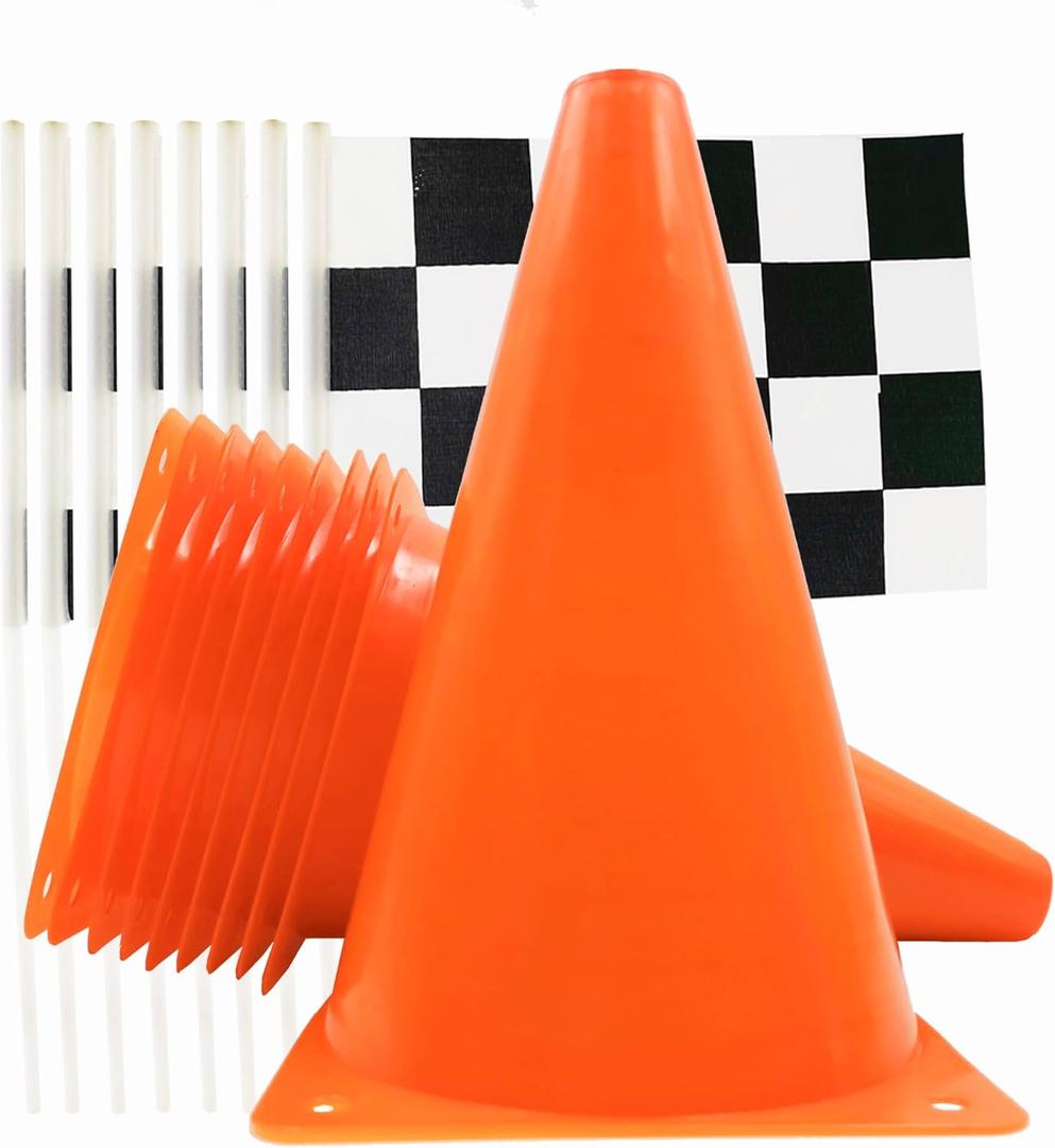 Race Car Birthday Party Decorations - 7inch Orange Race Cones(Holes on Top) with Checkered Flags,12 Traffic Cones, 24 Racing Black and White Flags,Racecar Theme Two Fast Centerpieces Supplies(36PCS)