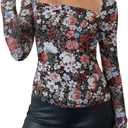 YOINS Women Sexy Mesh Long Sleeve Tops Square Neck Sheer Going Out Shirt (XL)