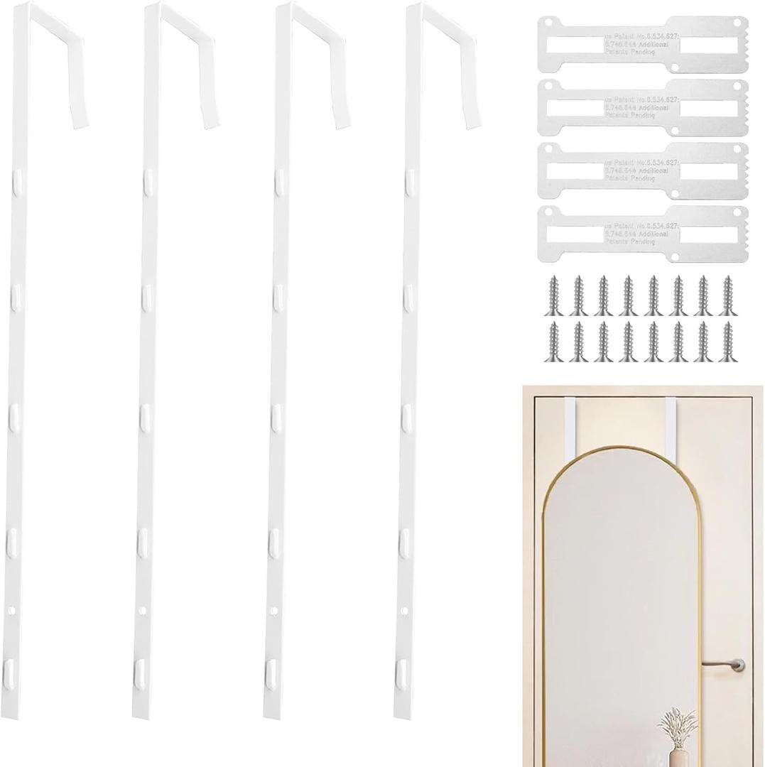 4 PCS Over The Door Mirror Hanger, Adjustable Door Mirror Hanger, Five-Hole Over The Doors-Mirrors Hook, Mirrors Doors Hangers with 2 Iron Filings and Screws (White)