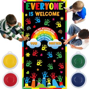 Classroom Welcome Door Cover Everyone is Welcome Banner Wall Door Decor DIY Colorful Handprint Art Craft with 4 PCS Large Ink Pads Diversity Back To School Hanging Banner Decoration for Kids