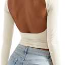 SUUKSESS Women Backless Going Out Tops Double Lined Open Back Basic Long Sleeve (Beige, L)