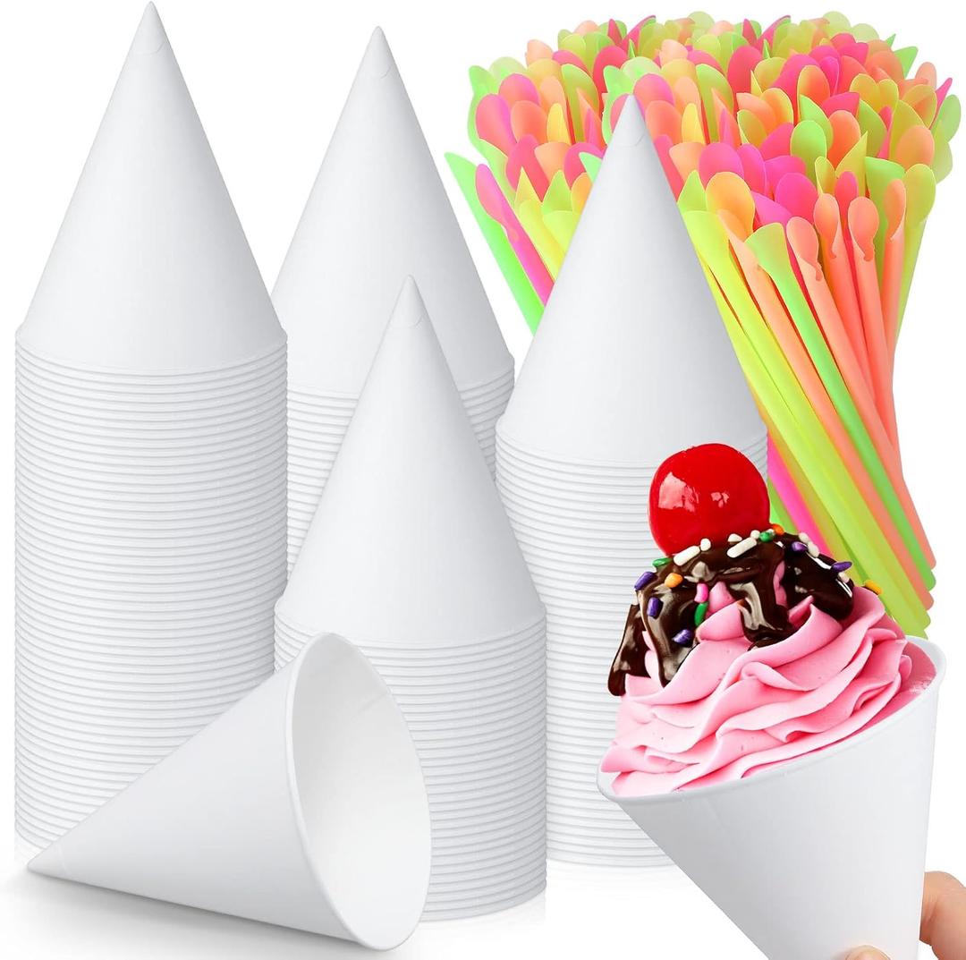 Eaasty 200 Pcs Snow Cone and Straws Cone Cups 4.5 oz Spoon Straws Disposable Paper Cups Straw Spoon for Slush Shaved Ice Cream Sorbet Water (White)