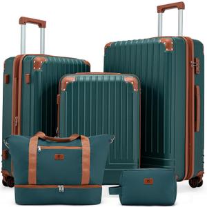 KUNEL Expandable 5 Piece Luggage Sets with Detachable Spinner Wheels and TSA Lock, Unisex Hardside ABS Suitcase Set, Hardshell Lightweight Waterproof Travel Hard Case Suitcases with Wheels, DarkGreen