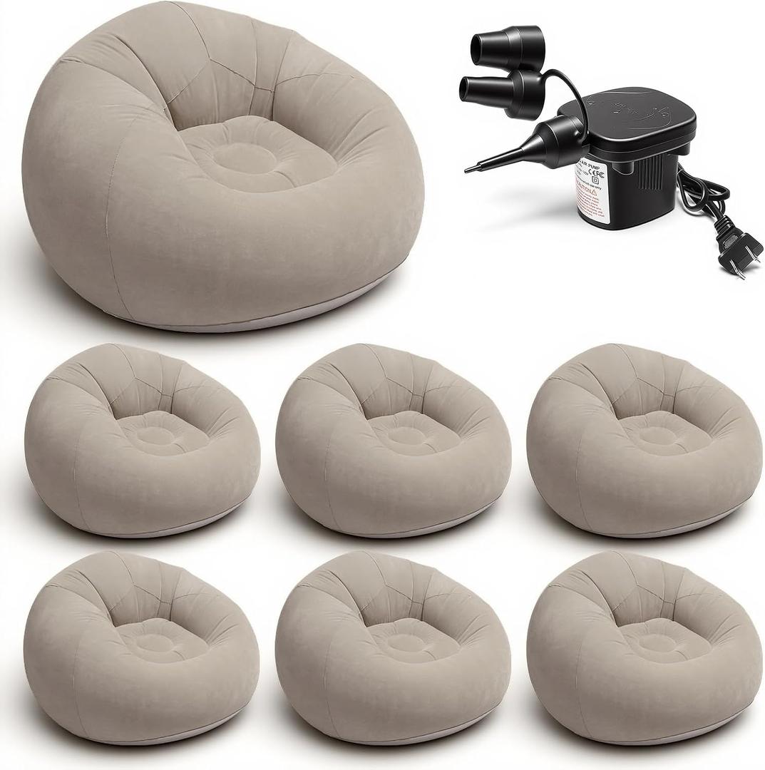 6 Pcs Inflatable Bean Bag Chairs with Electric Air Pump, Giant Blow Up Couch, Outdoor Folding Beanbag Chairs for Adults, Portable Lounger Air Sofa Lazy Sofa Seating Movie Night (Coffee Taupe, 103 cm x 103 cm x 60 cm