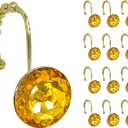 Sunlit Luxury Design Round Clear Diamond Crystal Gem Bling with Glide Balls Shower Curtain Hooks, Rust Proof Metal Rhinestones Glam Shower Curtain Rings-12 Pack