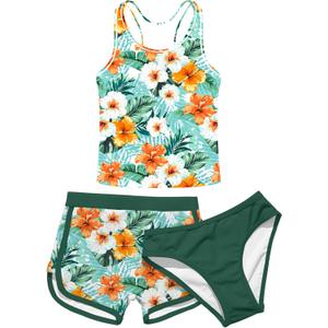 Enlifety 8-18T Girls 3 Piece Tankini Swimsuit Racerback Bathing Suit with Shorts & Briefs (12-13 Years, Green)