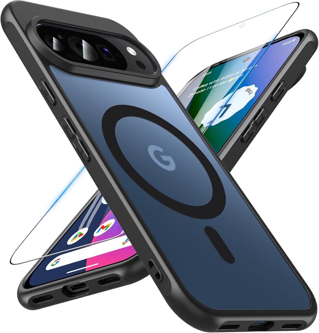 OWKEY for Google Pixel 10/10 Pro Case Compatible Magsafe with Tempered Glass, [Shockproof Military] Magnetic Translucent Slim Bumper Cover Protective Phone Case for Pixel 10/Pixel 10 Pro, Black