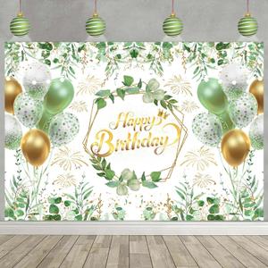 Greenery Birthday Banner Backdrop 71 x 43 Inch Sage Green Party Decorations Happy Birthday Photo Backdrops Eucalyptus Leaves Ballon Banner for Photography Women 21st 30th Party Supplies