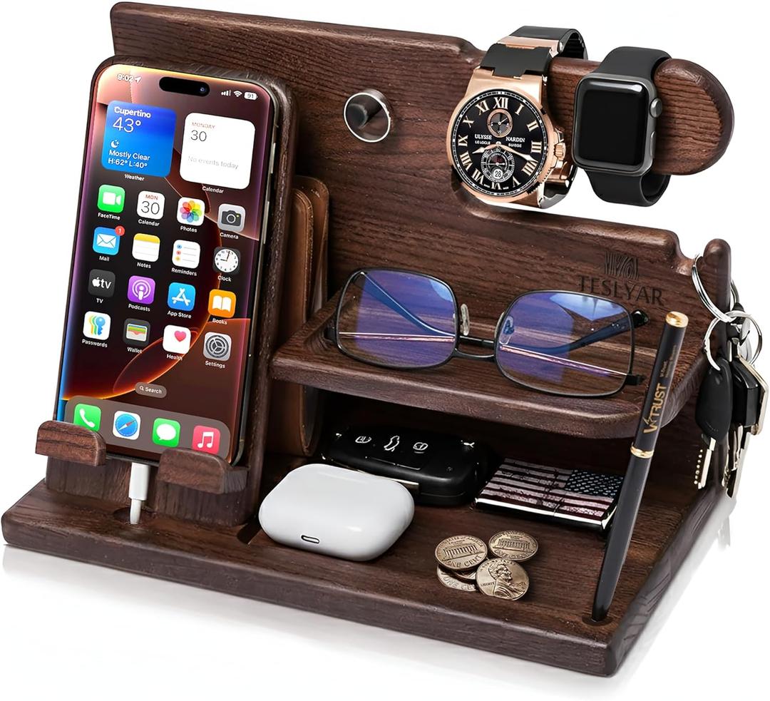TESLYAR Wood Phone Docking Station for Men - Desk or Nightstand Organizer - Birthday Gifts for Husband, Dad - Anniversary Idea from Wife - Key Holder, Stand Wallet, Watch & Essentials (Bourbon Brown)