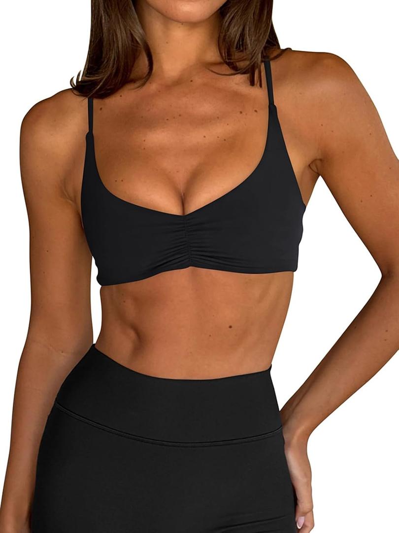 LASLULU Womens Sports Bra Sexy Spaghetti Strap Backless Bra Workout Gym Yoga Bras Tops Padded Sport Bras, M