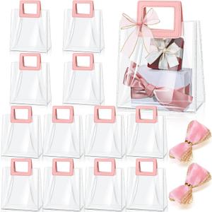 Fulmoon 12 Pcs Clear Gift Bag with Handle and Sheer Ribbon Reusable Transparent PVC Gift Bag for Bridal Party, Baby Shower, Wedding, Birthday, 7 x 4 x 8 Inch(Pink)