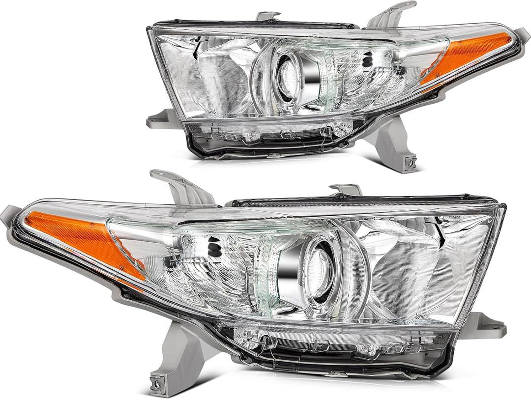 ECCPP Headlight Assembly Fit 2012-2014 for Toyota Highlander Chrome Housing Amber Reflector Pair Headlights 81170-0E070
