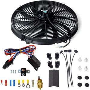 16 Inch Electric Radiator Cooling Fan Mounting Kit & 175-185 Degree Thermostat Relay Switch Kit Black