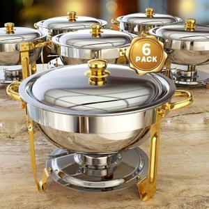 Chafing Dishes for Buffet 6 Pack, 5QT Round Chafing Dish Buffet Set [Elegant Gold and Silver Colors] Stainless Steel Buffet Food Warmers Sets for Catering Events Parties Dinners with Complete Set