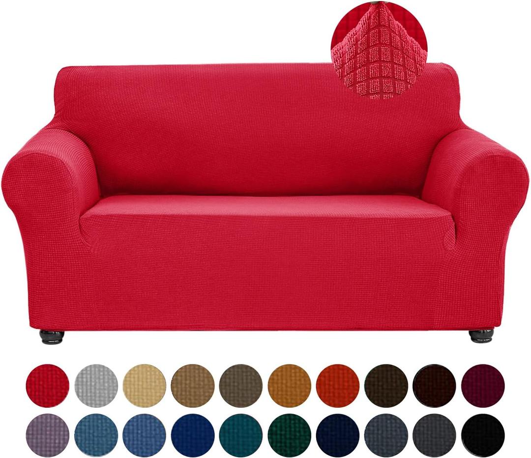 Joccun Stretch Loveseat Couch Cover Slipcover, 1-Piece Sofa Cover for 2 Cushion Couch Spandex Jacquard Washable Furniture Protector Cover for Living Room,Kids,PetsLoveseat,Ruby (Medium55"-78"))