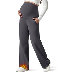 G4Free Flurrylux Fleece Lined Maternity Wide Leg Pants Cotton Over The Belly Pregnancy Sweatpants (Small Petite, Dark Gray)
