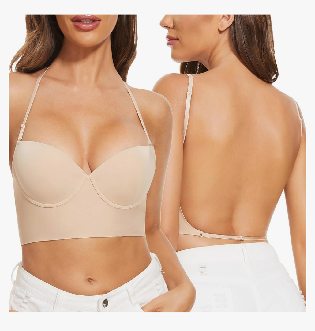 Low Back Bras for Women-Seamless Lightly Lined Invisible Backless Bra-Underwire Plunge Open Back Multiway Halter Bra 3DD