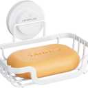 LEVERLOC Soap Dish, Soap Bar Holder for Shower Suction Cup Wall Mounted, Stainless Steel No-Drilling Removable Waterproof Sponge Holder for Bathroom Bathtub Kitchen Sink, Keep Dry, White (5.7" * 4.8")