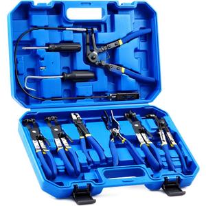 Orion Motor Tech 9pcs Hose Clamp Pliers for Fuel Oil & Water Hoses, Automotive Long Reach Hose Clamp Remover Kit with Flexible Wire Clic R Type Swivel Jaw Flat Band Pliers Case, Blue