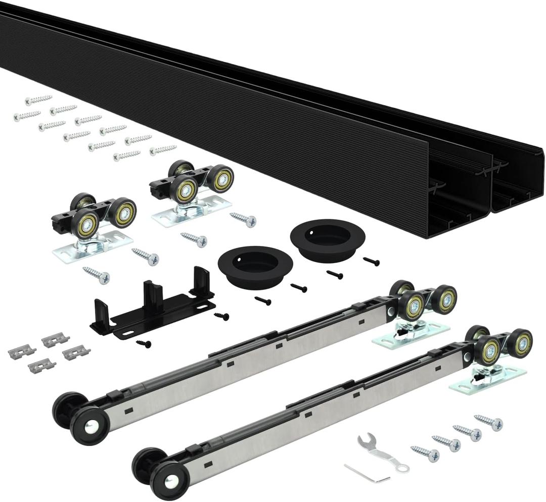 Nuk3y Bypass Sliding Door Hardware Soft Close with Finger Pulls (Black, 72" Track)