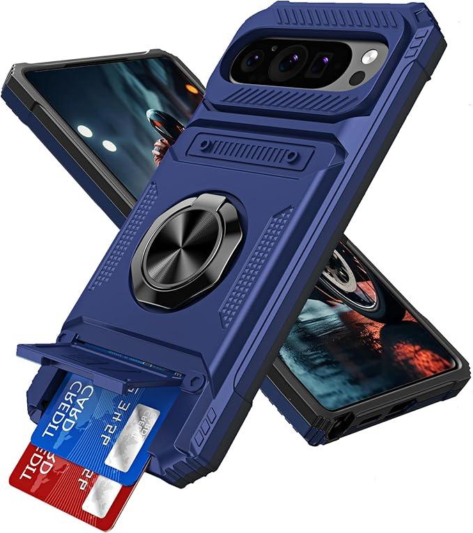 for Google Pixel 9 / Pixel 9 Pro Case with Card Holder 360° Magnetic Rotated Ring Kickstand Dual Layer Shockproof Hidden Card Slot Protective Phone Cover for Google Pixel 9, Blue RJ