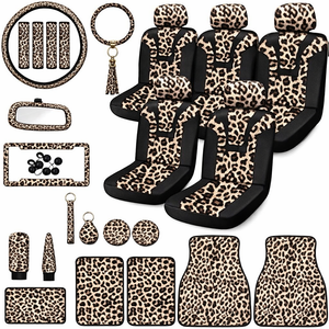 Tallew Leopard Car Accessories Seat Covers Full Sets Steering Wheel Cover License Plate Cover Rubber Car Floor Mat Leopard Protector Interior Accessories Universal Fits (Brown)