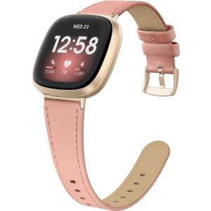 EDIMENS Leather Bands Compatible for Fitbit Versa 3 / Fitbit Versa 4 / Fitbit Sense for Women Men, Genuine Leather Bands Replacement Wristbands Straps Compatible with Versa 3 / Versa 4 / Sense (Small 5.7"-7.8", Pink Sand)