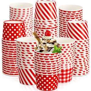 Zubebe 60 Pieces 9 oz Paper Ice Cream Cups Dot Striped Gingham Snack Paper Red Ice Cream Bowls Disposable Party Bowls Soup Cups Dessert Yogurt for Sundae Hot or Cold Food for Parties, BBQ, Events