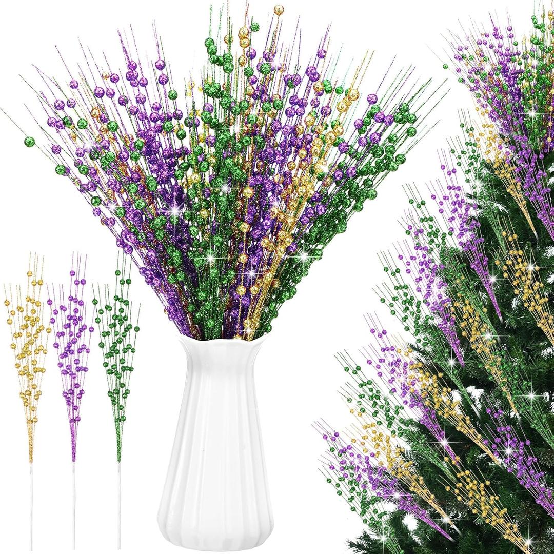 18 Pcs Mardi Gras Decoration Mardi Gras Floral Picks Tree Decorations 17 Inch Carnaval Purple Green and Gold Glitter Berry Stems Artificial Picks and Sprays Decor for Wreaths Centerpieces