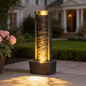 Outdoor Floor Standing Water Fountain with LED Lights, 36-Inch Modern Rectangular Cascading Waterfall Feature for Garden, Patio, Backyard, Deck & Home Decor, Durable Resin Stone-Look Finish