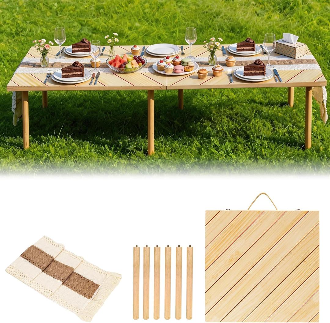60" x 30" Folding Picnic Table with Boho Table Runner Wooden Low Table Portable for Indoor Outdoor Use Ideal for Camping Beach Weddings Garden Parties (Herringbone)