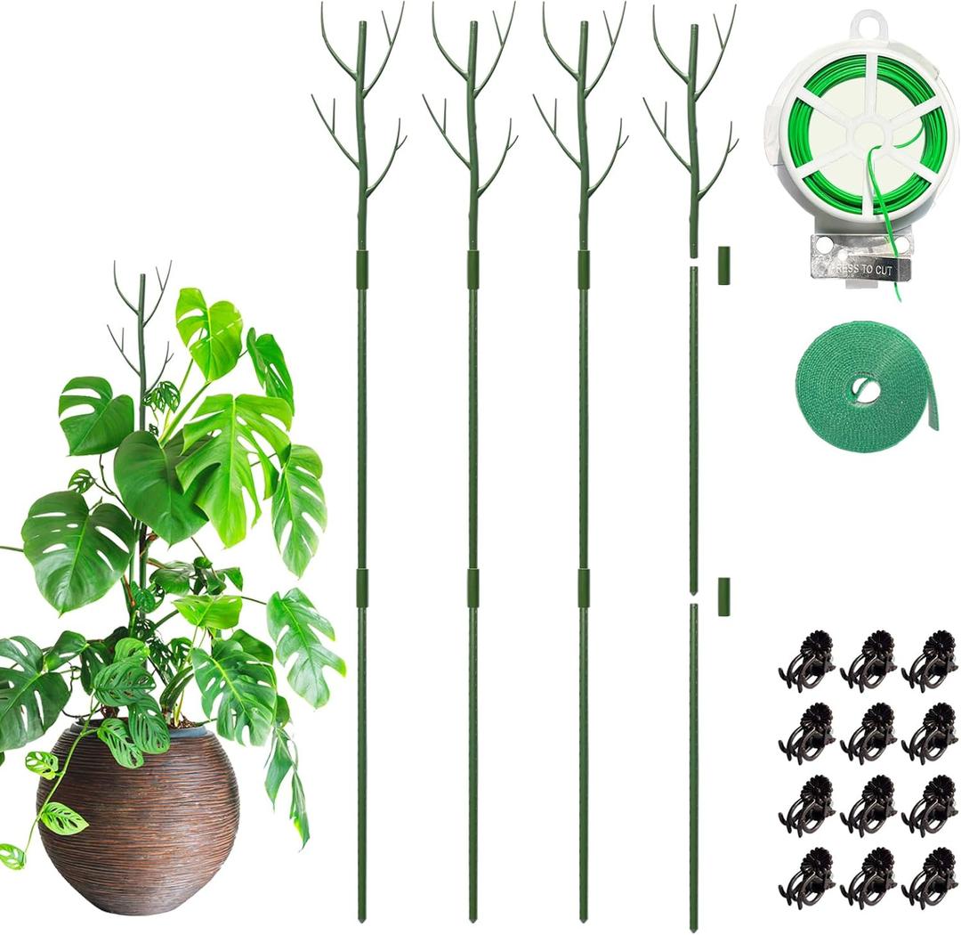 Monstera Plant Support, 43 Inch Plant Support Stakes Moss Pole for Indoor Plants with Orchid Clips Twist Ties and Plant Strap, Perfect Plant Stakes for Climbing Plant (4 Pack) (Green)