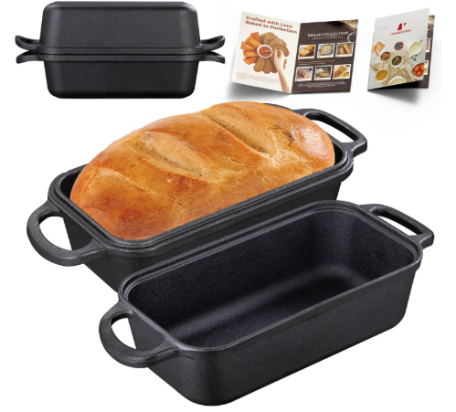 Vanderlume Cast Iron Loaf Pan with Lid 9x5 Inch, 2 in 1 Loaf Pans for Baking Bread, Even Heat Distribution for Sourdough, Homemade Bread