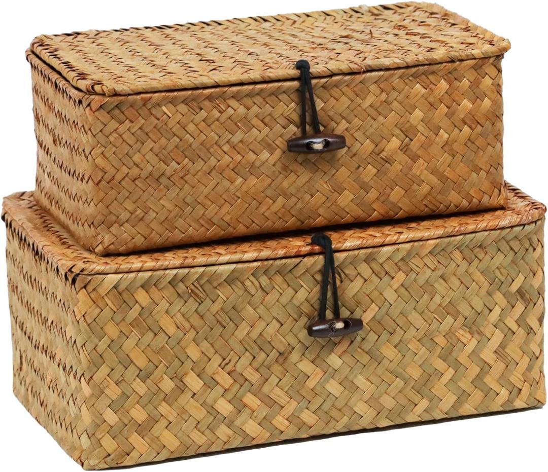 Set of 2 Wicker Basket with Lid, Seagrass Woven Basket for Storage, Decorative Storage Baskets Bins for Organizing Home (10.23" x 6.3" x 4.13"+ 9.05" x 5.11" x 3.34", Natural)