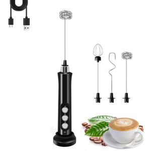 Rechargeable Milk Frother Handheld with 3 Detachable Stainless Steel Whisks, 3 Speed Adjustable Electric Whisk Foam Maker, Handheld Drink Mixer, Frother Wand for Coffee, with Storage and Charging Base (Black)