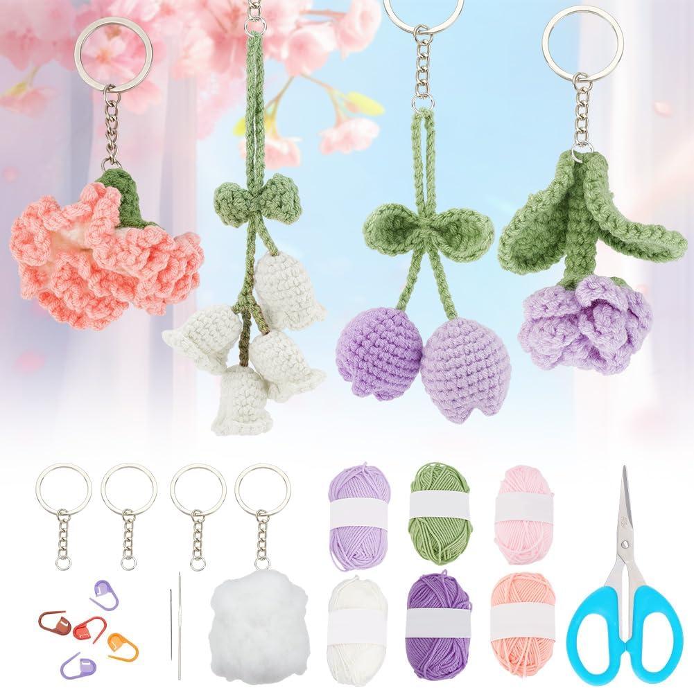 ACRNIGHEET DIY Crochet Flower Kit for Adults Crochet Kit for Beginners Tulip Crochet Starter Kit with Video Tutorials Flower Crochet Starter Kit for Adult Crochet Keychain Kit for Bag Costume