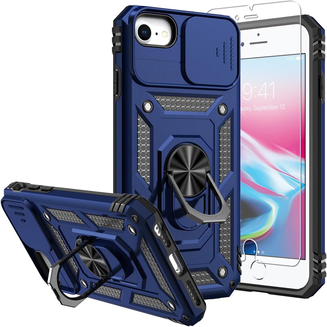 for iPhone SE 2022/3rd/2020 8/7 Case,with Screen Protectors and Camera Cover,[Military Grade] 16ft.Drop Tested Cover with Magnetic Kickstand Protective Case for iPhone 8, Blue