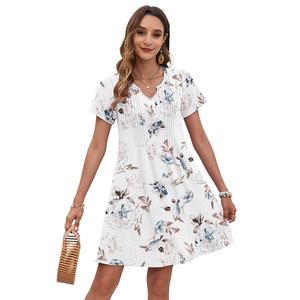 PLOKNRD Women's Casual Dress Summer Short Sleeve T-Shirt Dress Crew Neck Basic Dresses 2025 (White Flower. XXL)