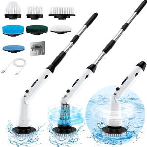 Electric Spin Scrubber with Long Handle, IPX7 Waterproof Cordless Electric Cleaning Brush, Shower Scrubber Bathroom Cleaner Brush with 7 Replaceable Brush Heads, 2 Speeds Scrubber for Floor Tile Tub (White-black)