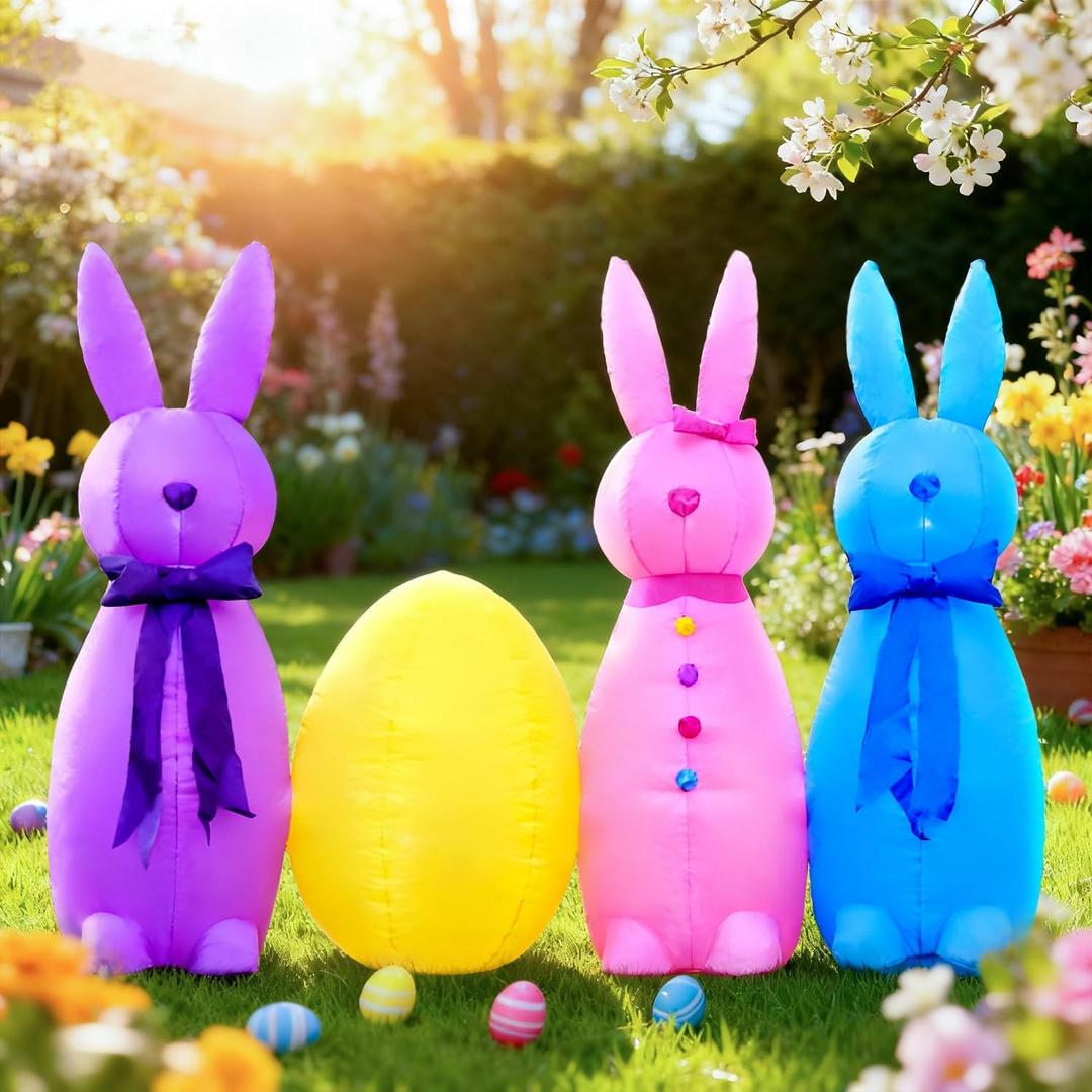 DomKom 6FT Long Easter Inflatable Bunny Outdoor Decorations, Build-in LED Lights Holiday Blow Up Yard Decoration, for Easter Holiday Party, Outdoor,Garden, Yard Lawn Dcor