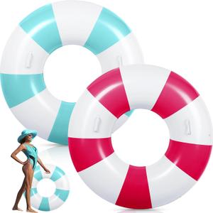 2 Pcs Large Pool Floats Swim Ring with Handles 47.24 Inch Inflatable Swimming Pool Tubes Adult Size for Summer Lounger Beach Party (Green, Rose Red)